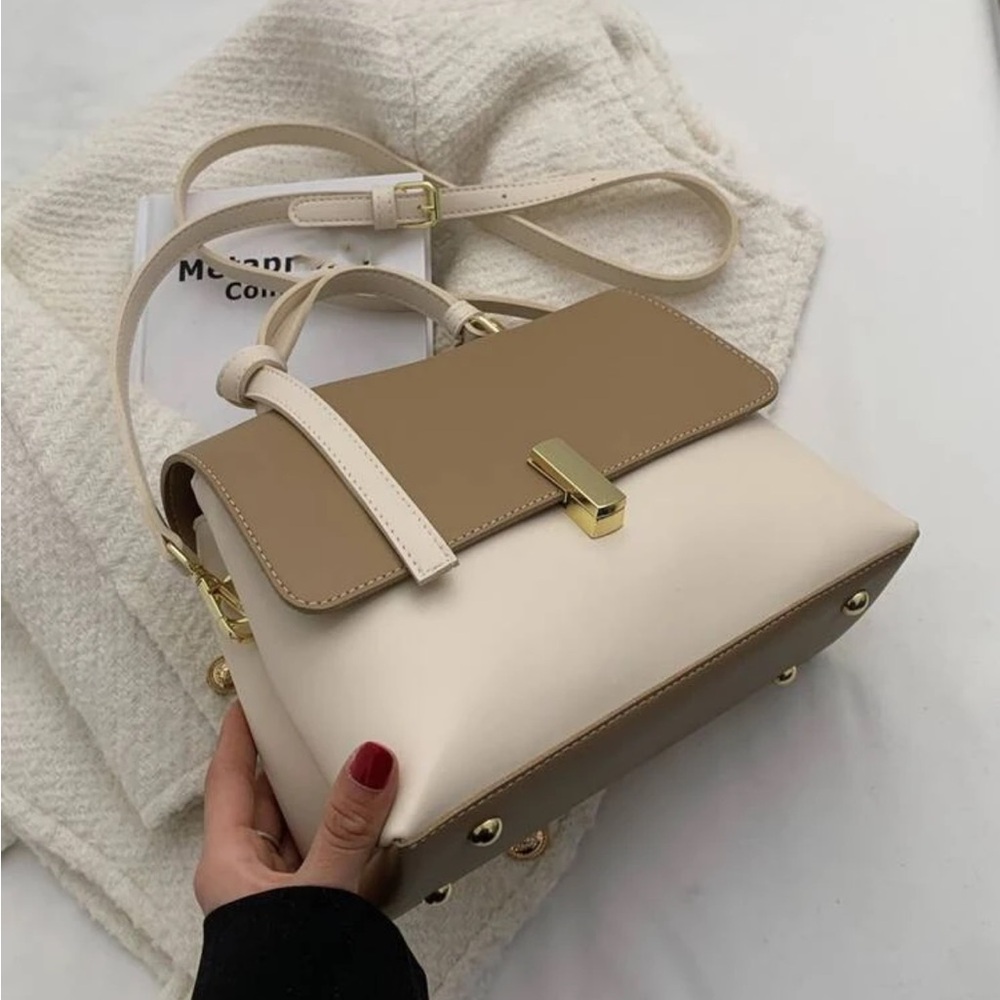 Cream Beige Two Tone Bag with Strap and Gold Clasp - Picture 2 of 7